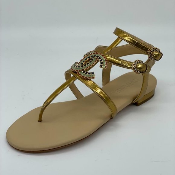 CHANEL 19A Leather CC Logo Thong T Strap Flat Gladiator Sandals Shoes - Picture 3 of 13
